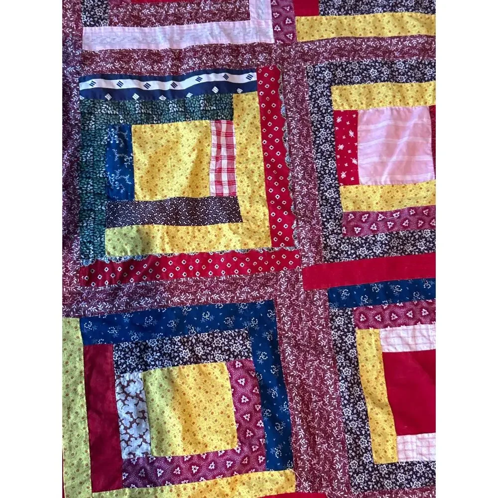 Log Cabin Quilt Topper Burgundy Navy Blue Yellow Country Cottage 53